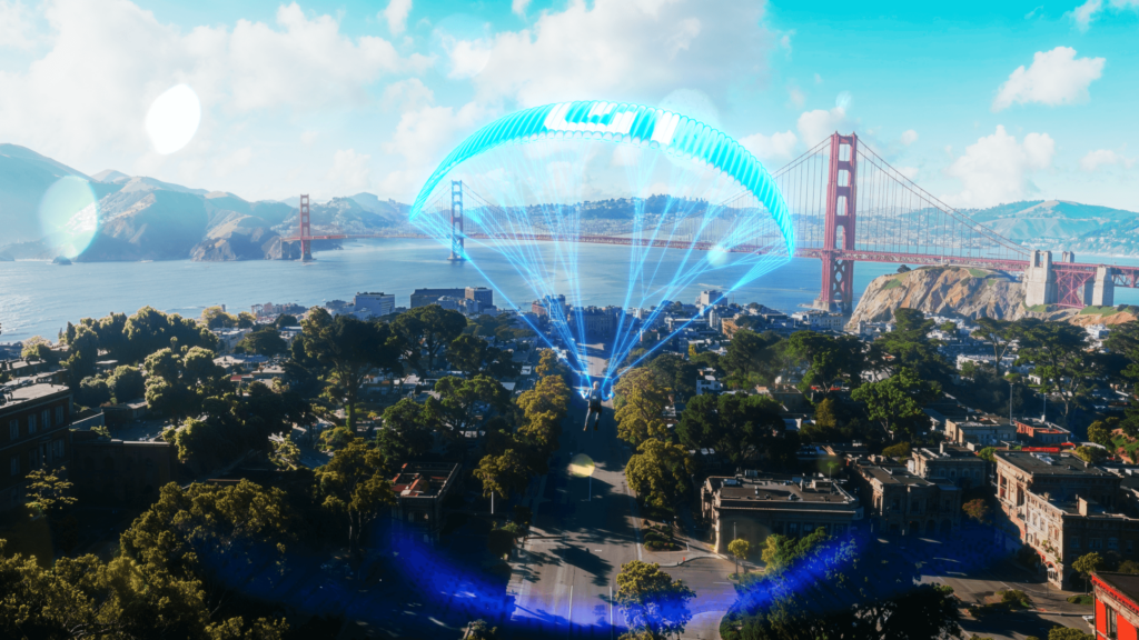 Paraglider with Unifits Logo above the San Francisco Skyline
