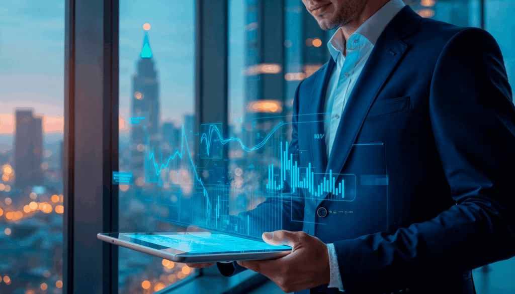 Ein Geschäftsmann betrachtet konzentriert Börsendaten und Diagramme auf einem digitalen Bildschirm oder Tablet, um Finanztrends zu analysieren.